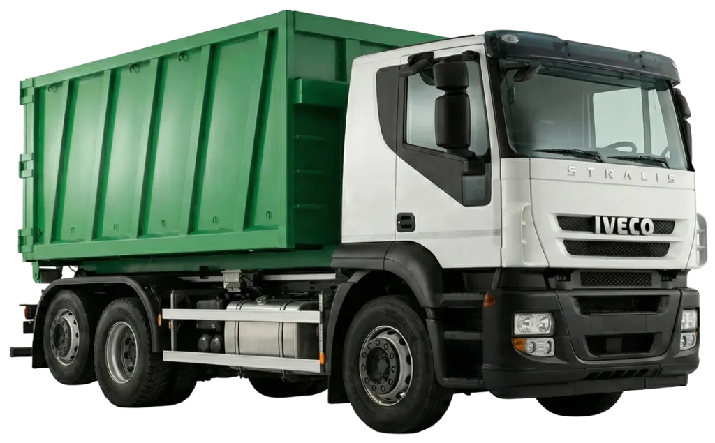 Camion Iveco Stralis bianco con cassone verde per raccolta rifiuti