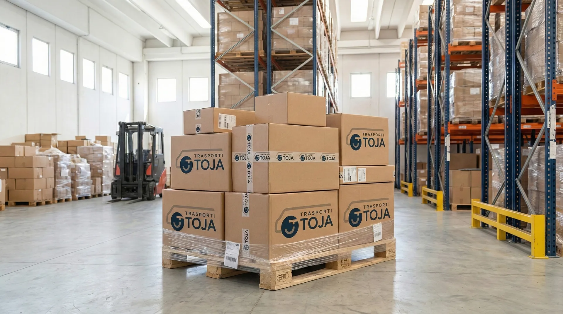 Magazzino Toja con scatole su pallet e scaffali arancioni