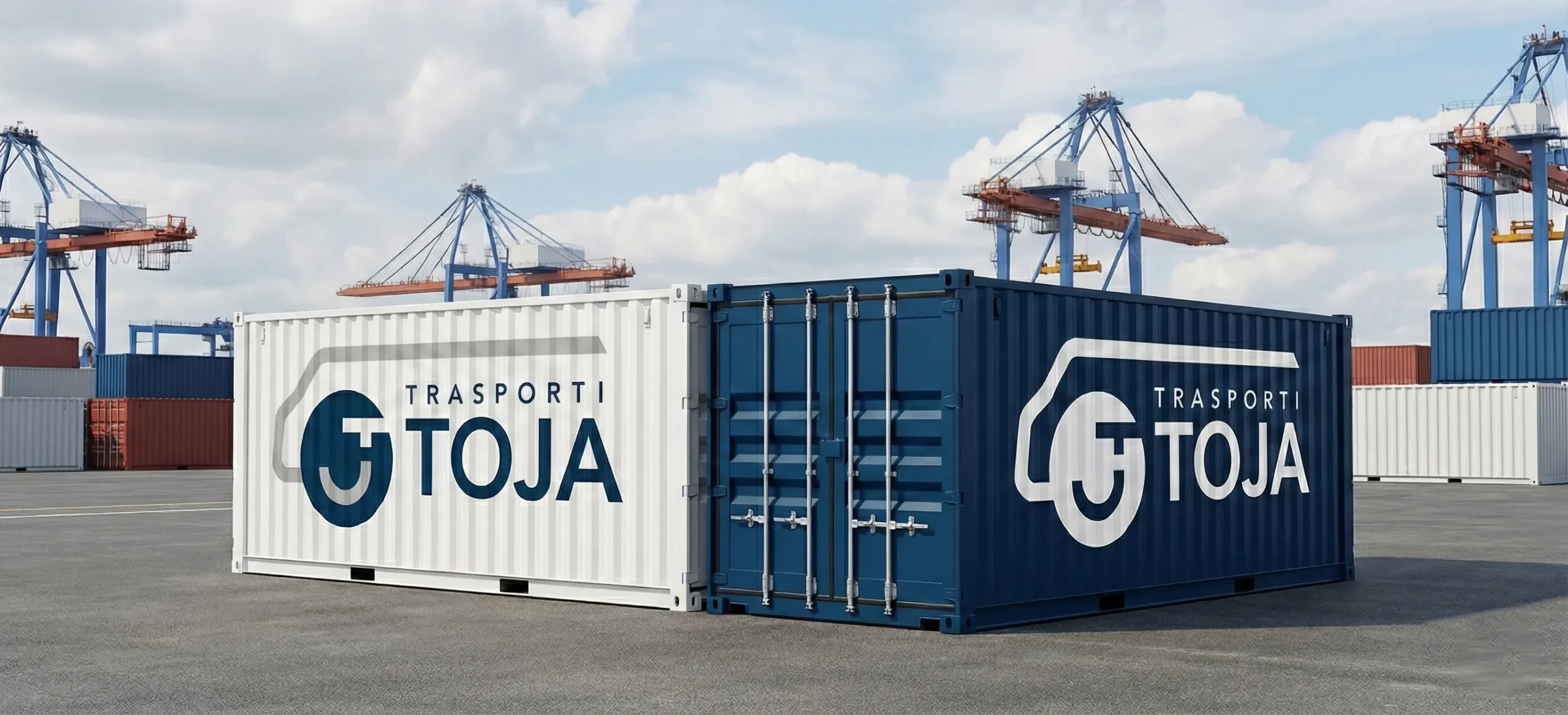 Container Toja bianchi e blu stoccati nel terminal portuale con gru cargo e navi portacontainer sullo sfondo